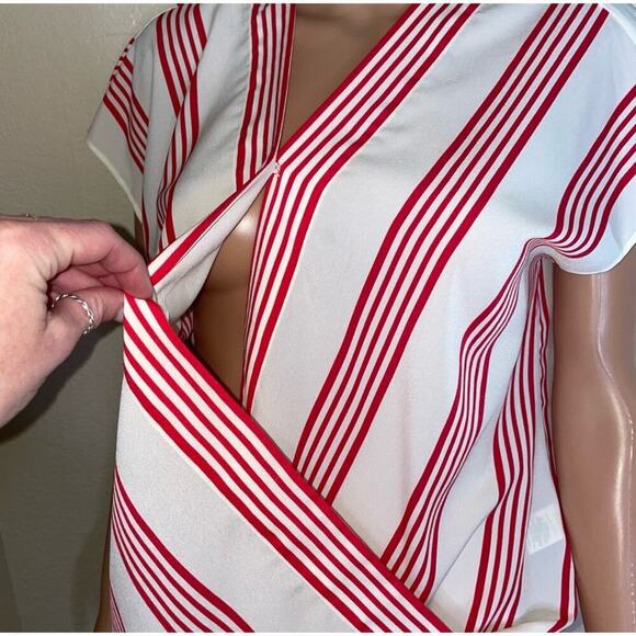 Talbots Women's blouse Faux Wrap Striped Top White Red Size MP short sleeve top - Picture 6 of 7